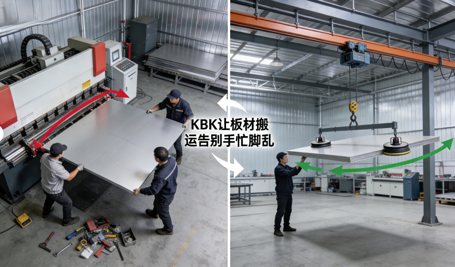 人工搬运与KBK吊运钣金板材对比 板材空中翻面一人操作 上海拓起起重 人工搬运与KBK吊运钣金板材对比 板材空中翻面一人操作 上海拓起起重