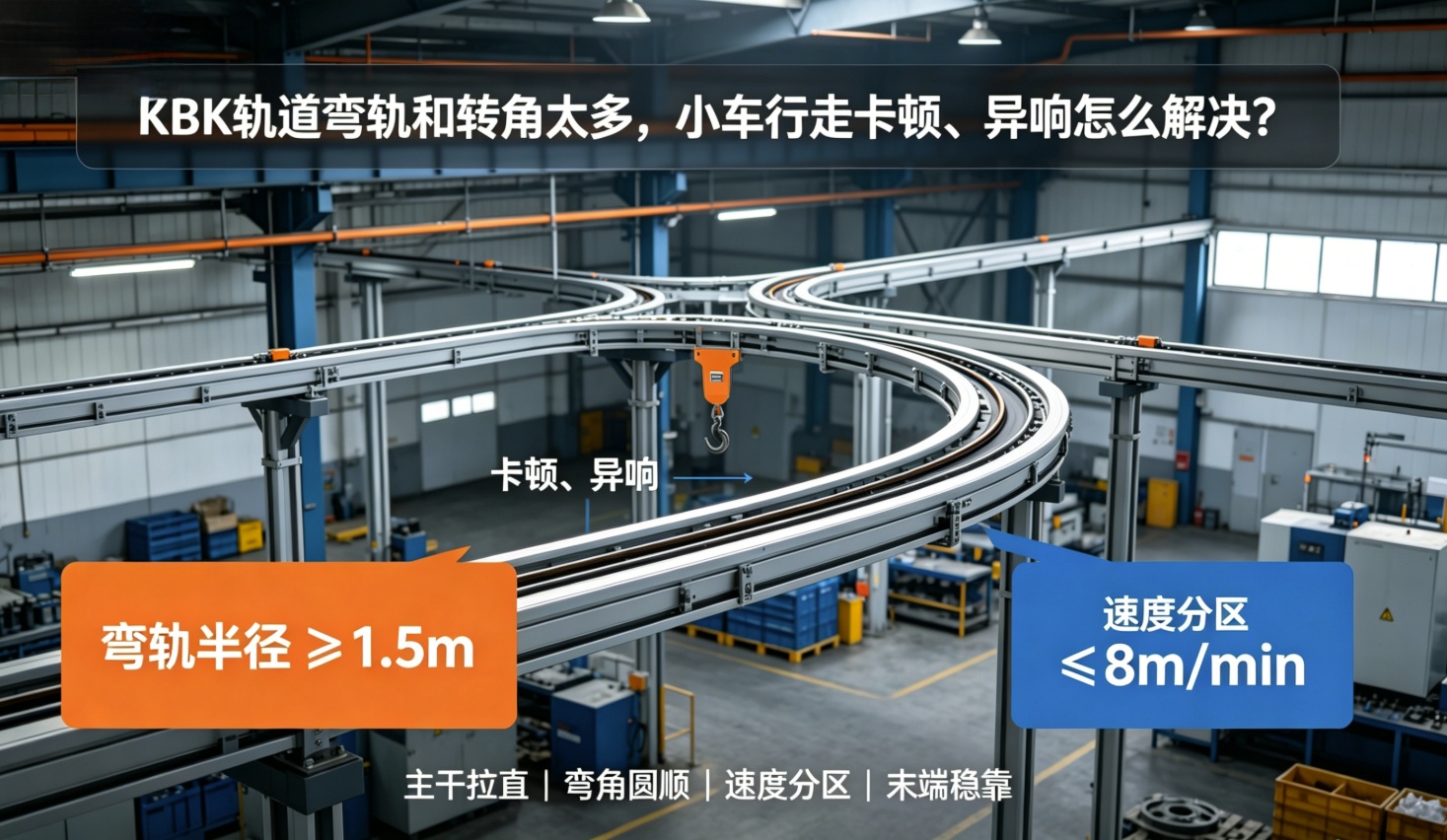 KBK弯轨转角小车卡顿解决方案图 KBK弯轨转角小车卡顿解决方案图