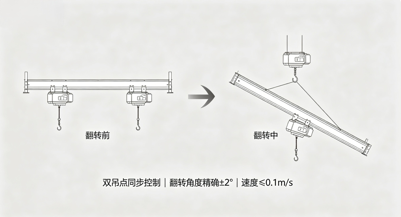 KBK双吊点同步翻转大梁示意图 KBK双吊点同步翻转大梁示意图