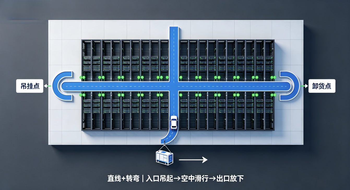 测试老化区KBK轨道布局及吊运流程示意图 测试老化区KBK轨道布局及吊运流程示意图