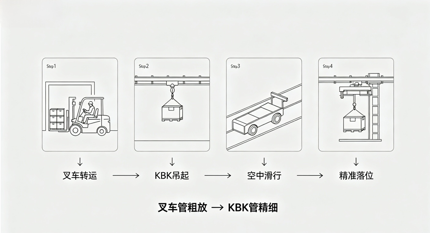叉车与KBK协作上架四步流程图 叉车与KBK协作上架四步流程图