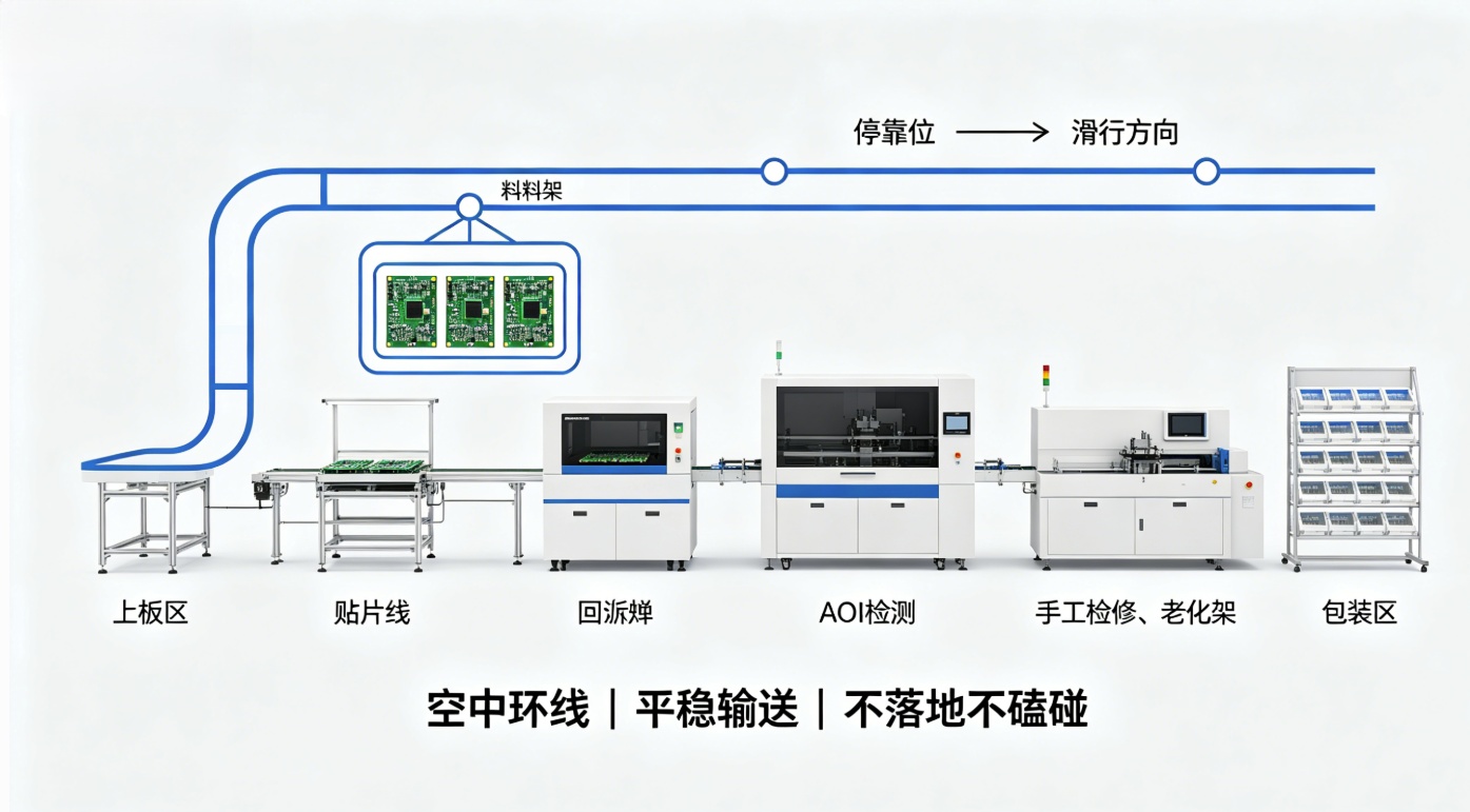 KBK轨道覆盖SMT线各工序示意图 KBK轨道覆盖SMT线各工序示意图