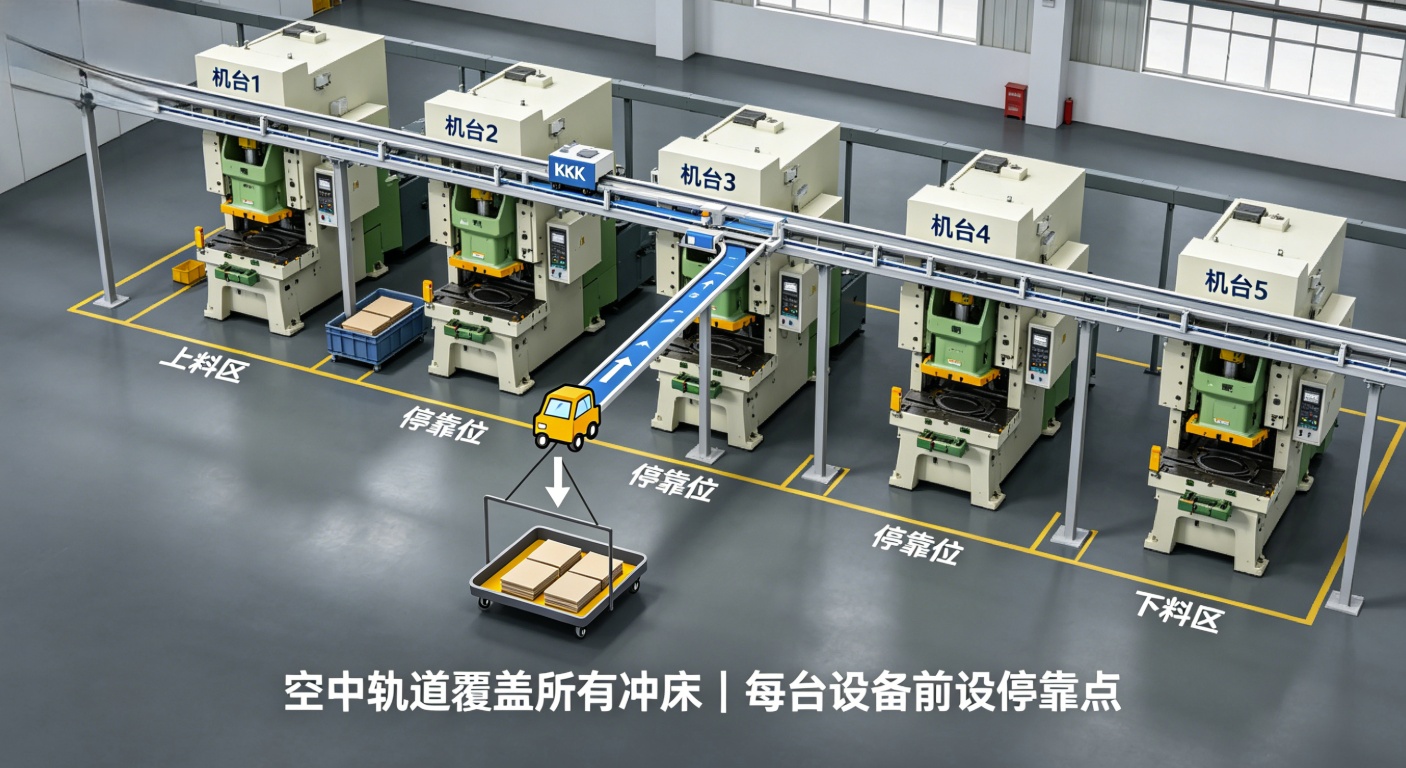 KBK轨道覆盖冲床工序布局示意图 KBK轨道覆盖冲床工序布局示意图