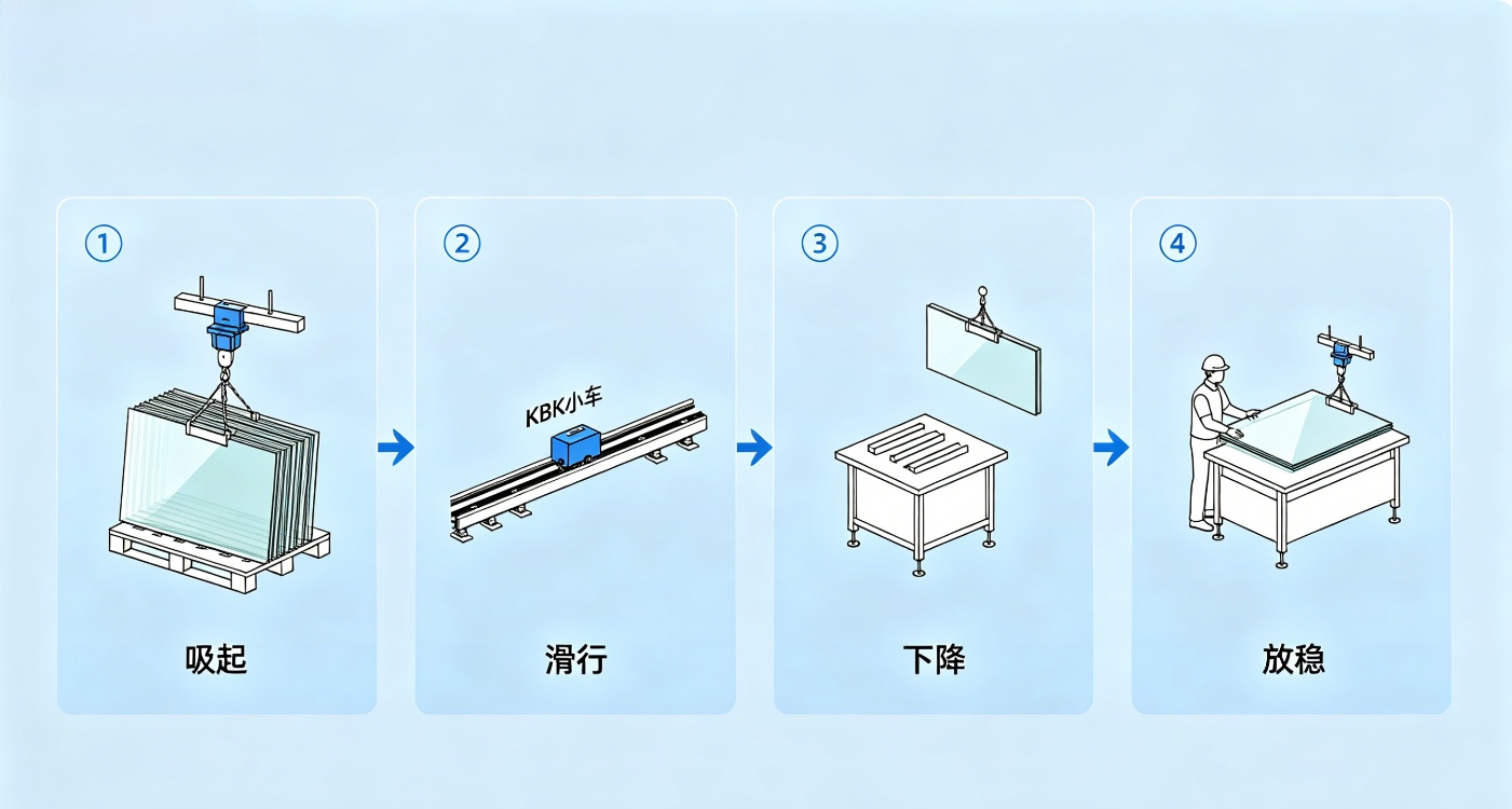 KBK真空吸盘搬运光伏玻璃四步流程图