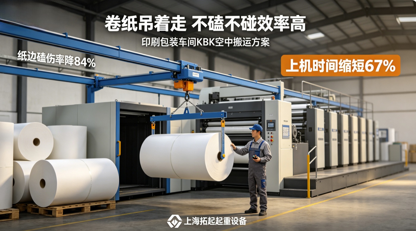 KBK吊运卷筒纸印刷包装车间场景图 KBK吊运卷筒纸印刷包装车间场景图
