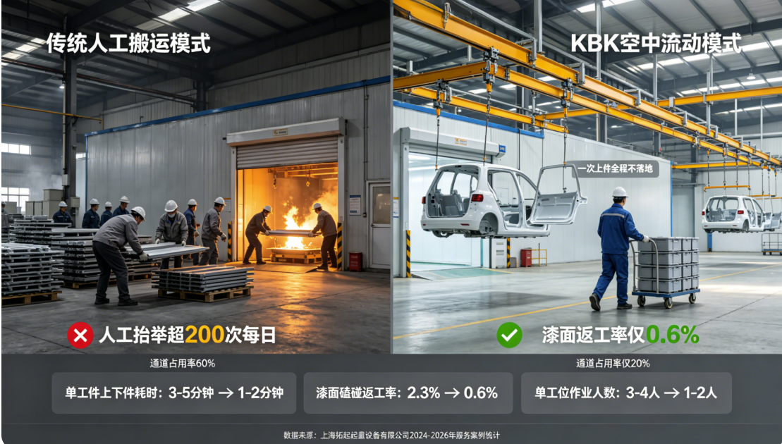 传统人工搬运与KBK涂装线效率对比图 传统人工搬运与KBK涂装线效率对比图