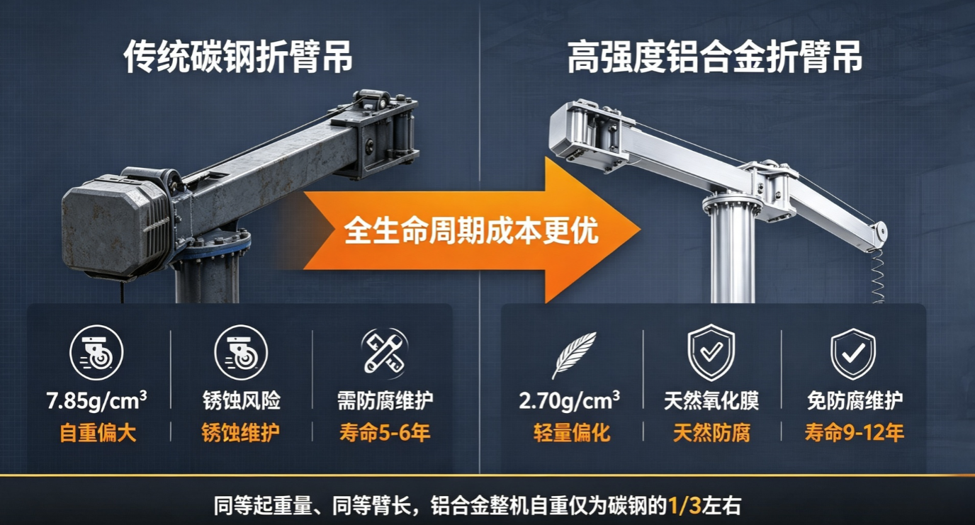 铝合金与碳钢折臂吊性能对比：密度、防腐、寿命差异