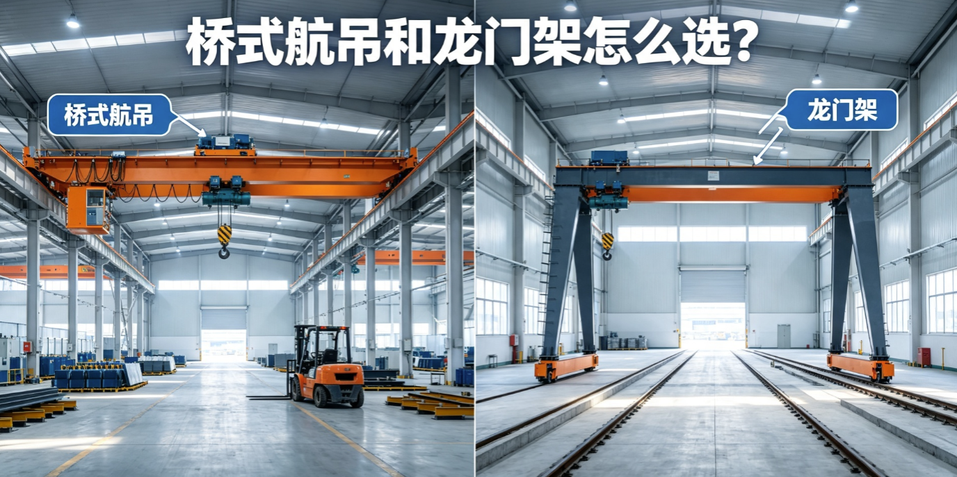 桥式起重机与龙门架结构对比实景图，左侧桥机右侧龙门架
