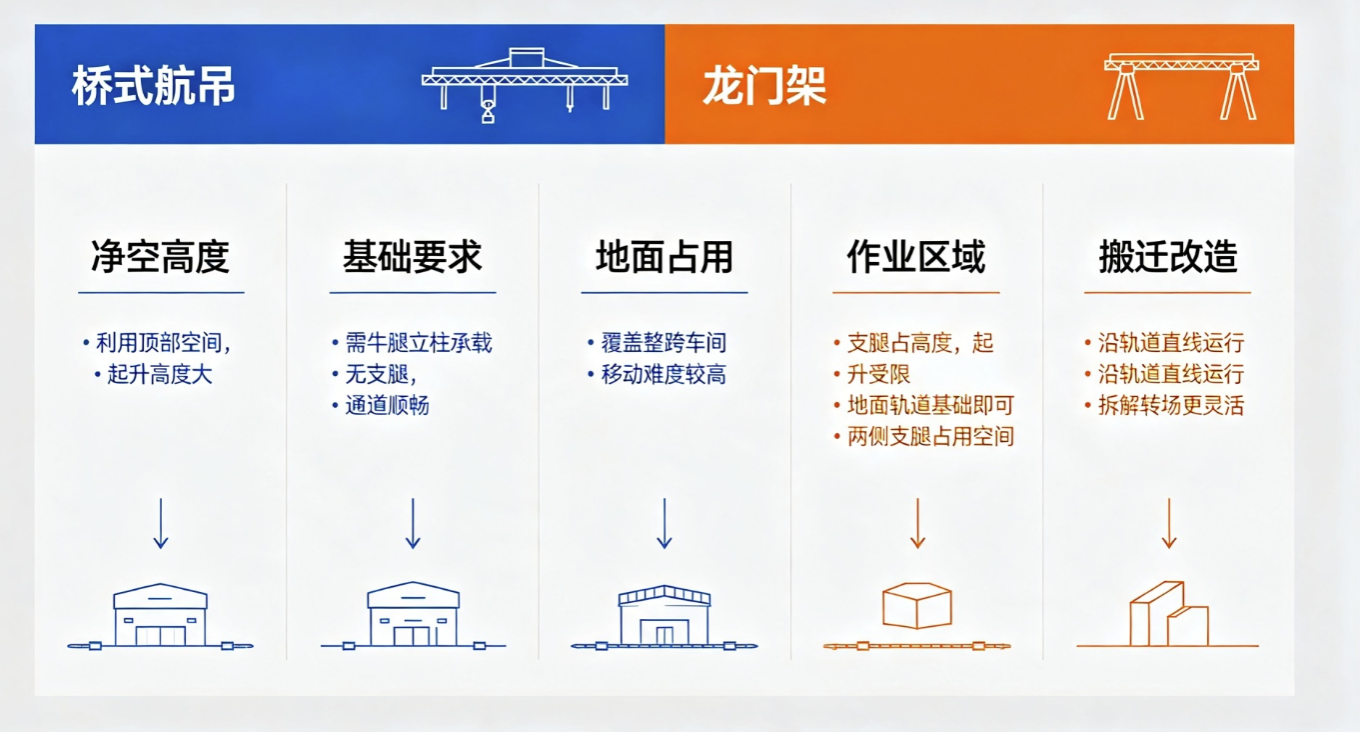 桥式起重机与龙门架五大维度对比信息图