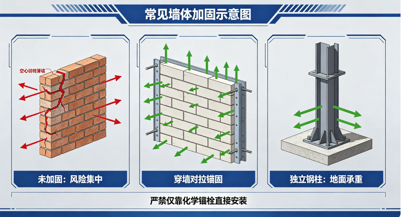 墙壁悬臂吊受力原理及植筋、穿墙对拉、独立钢柱加固示意图 墙壁悬臂吊受力原理及植筋、穿墙对拉、独立钢柱加固示意图