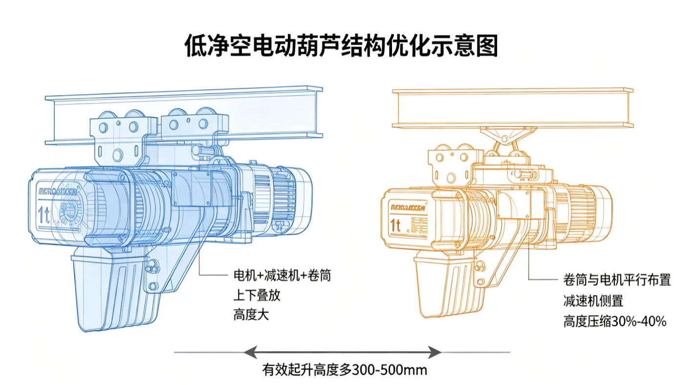 低净空与标准电动葫芦结构布局对比