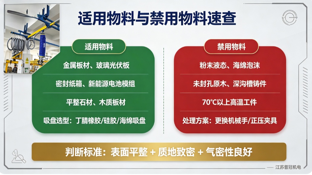 江苏普冠机电真空吊适用禁用物料对比图 江苏普冠机电真空吊适用禁用物料对比图